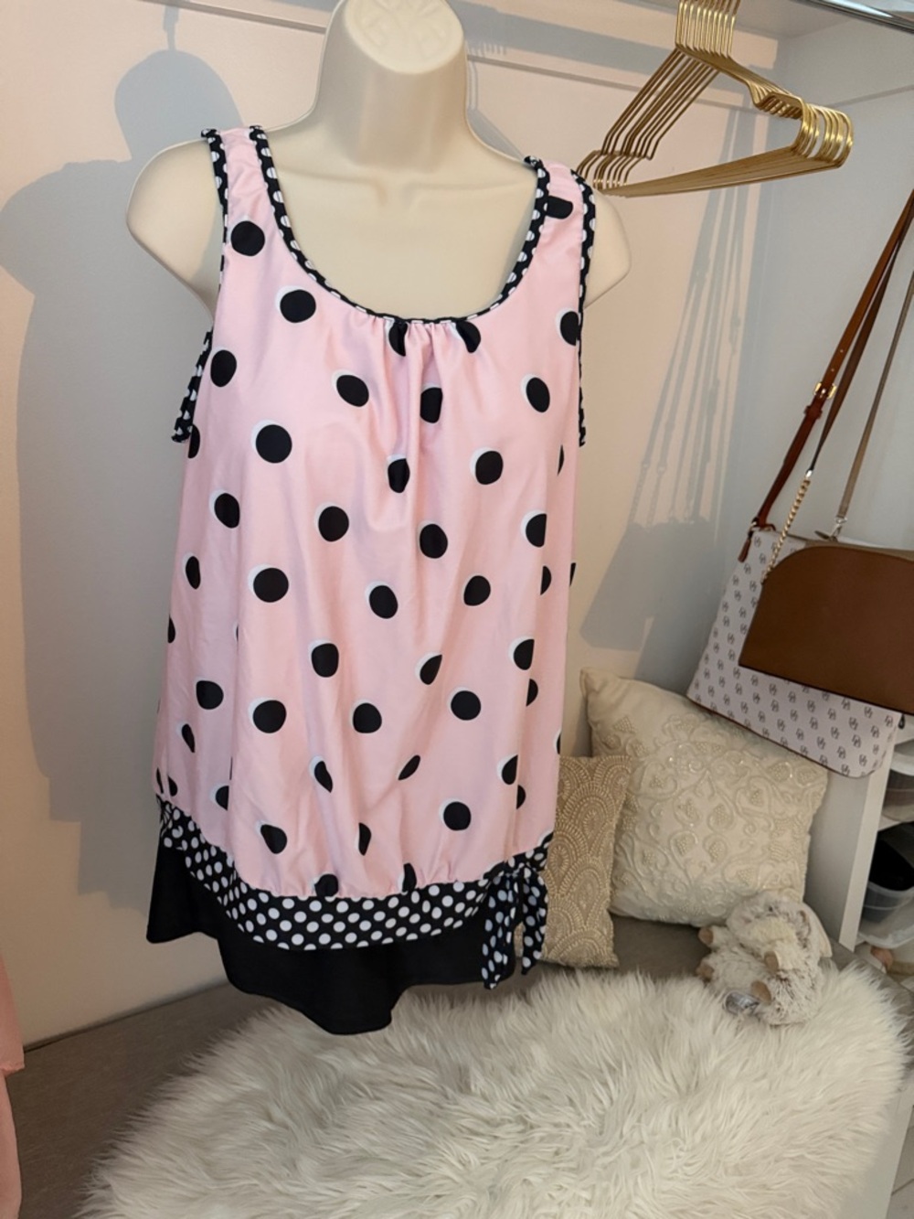 Amazon Pink and Black Polka Dot Women's Swim Coverup Tankini Top